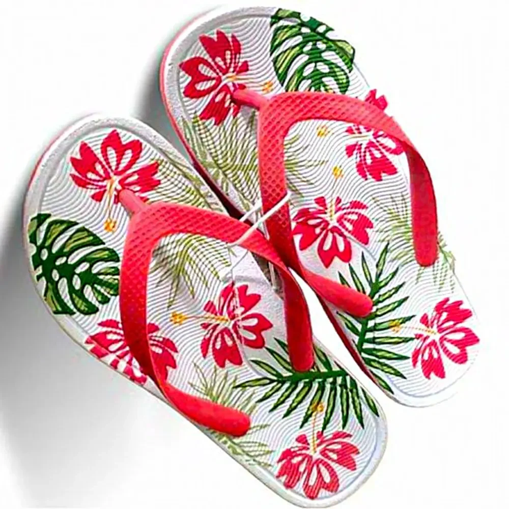 Sun & Sky floral thong sandal/flip flops Hawaiian floral pink green Medium 11-12